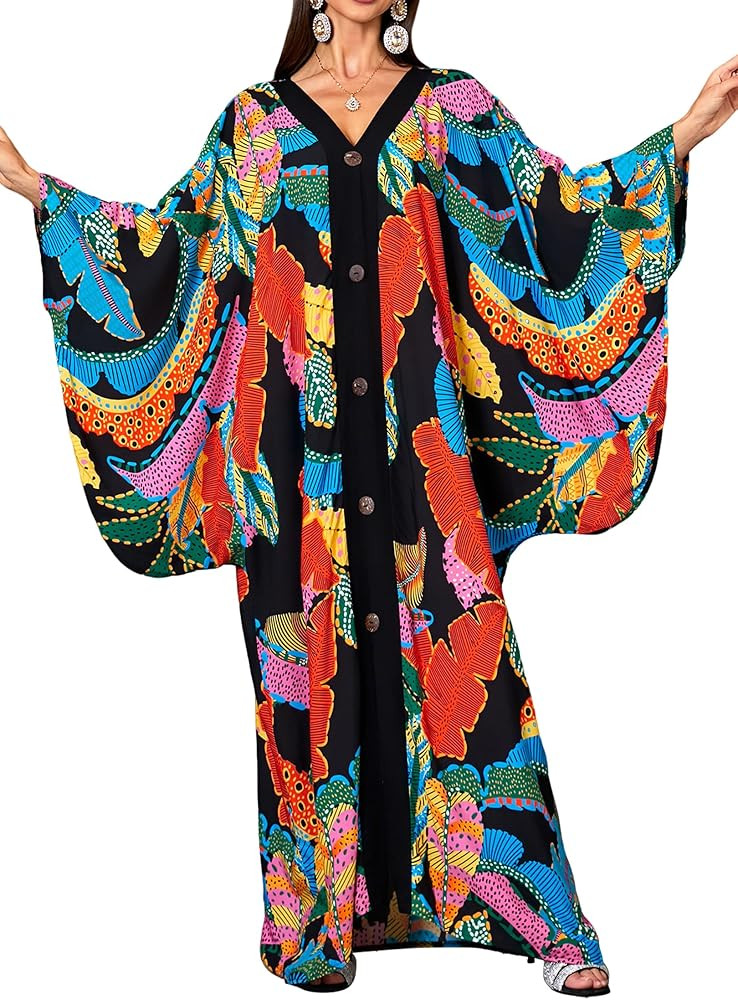 Caftans for Women Plus Size V-Neck Batwing Sleeve Kaftan Dress for Beach Swimwear Cover-Up Lounge... | Amazon (US)