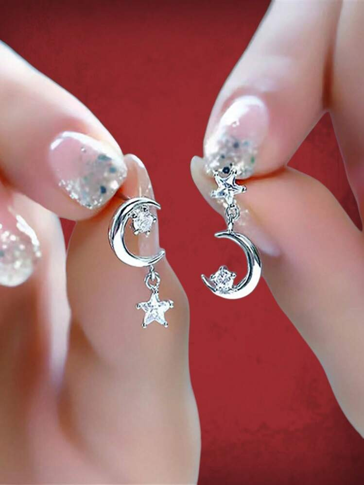 ROMWE Grunge Punk 1pair Fashion Iron Alloy Rhinestone Decor Moon & Star Drop Earrings For Women For Dating Gift | SHEIN