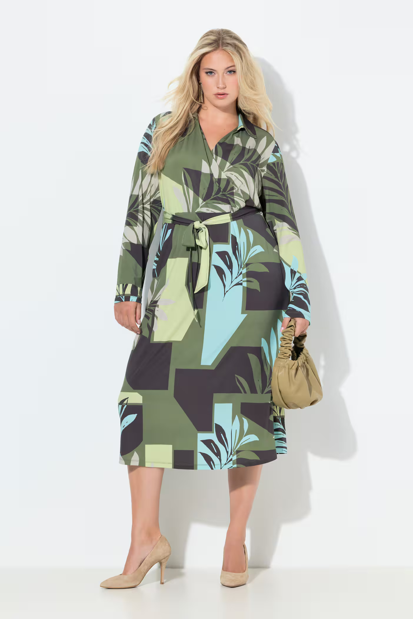 Geometric Leaf Print Long Sleeve Pocket Dress | Ulla Popken - US