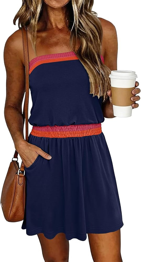 SAUKOLE Summer Dresses for Women Bandeau Strapless Smocked Elastic Waist Sundress Tube Mini Dress... | Amazon (US)