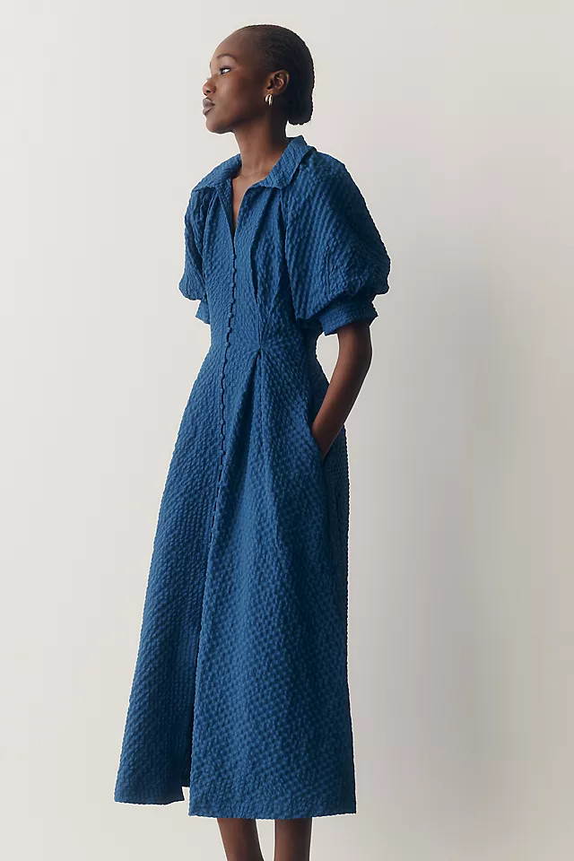 Puff-Sleeve Textured Midi Shirtdress | Anthropologie (US)