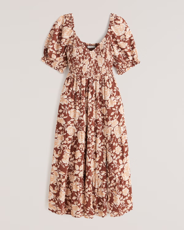 Short-Sleeve Smocked Midi Dress | Abercrombie & Fitch (US)