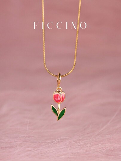 FICCINO Colorful Tulip Plated Gold Pendant Necklace, Titanium Steel Gold Plated Snake Chain Adjustable Length, Cute And Personalized Jewelry Gift For Girls, Girlfriend, Festival With Gift Box | SHEIN