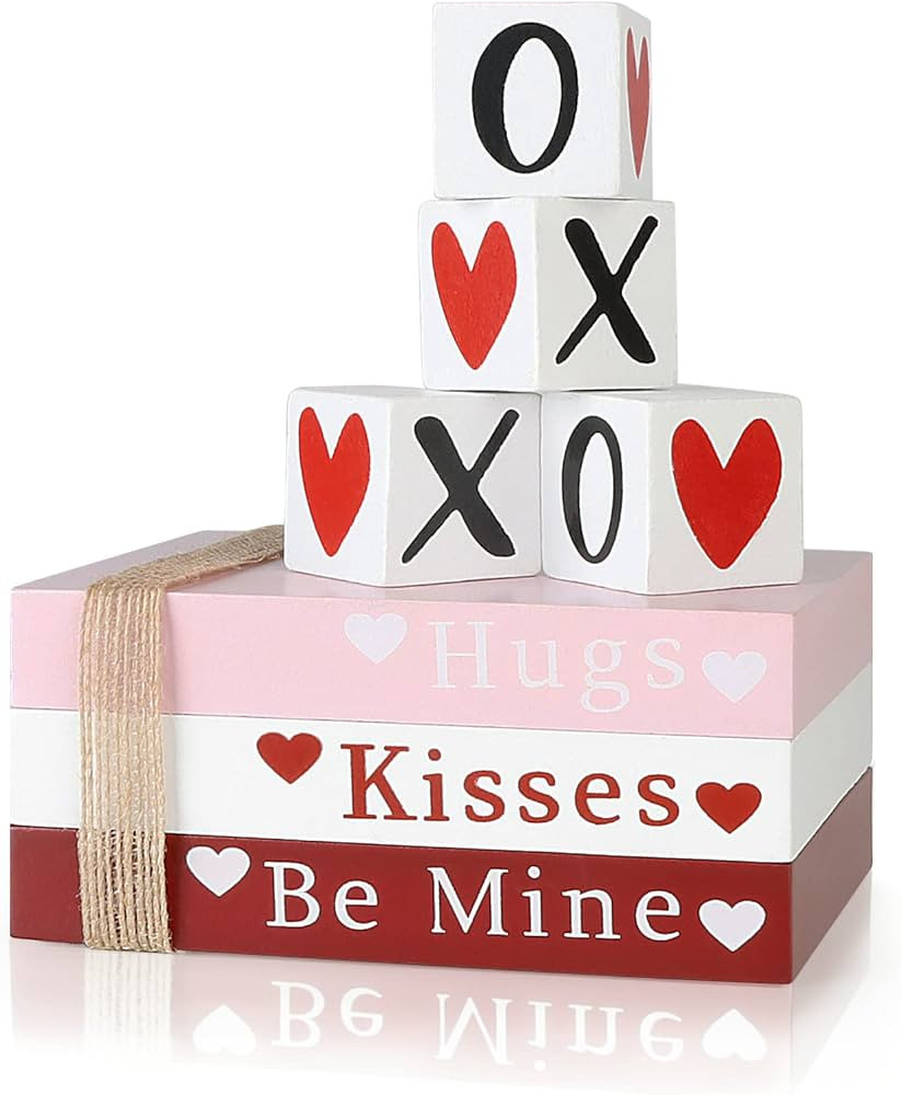 Valentines Day Decor, Wooden Sign Book Stack with 4 XOXO Signs, Valentines Decoration Kit for Tie... | Amazon (US)