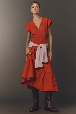 Maeve Cap-Sleeve V-Neck Smocked Midi Dress | Anthropologie (US)