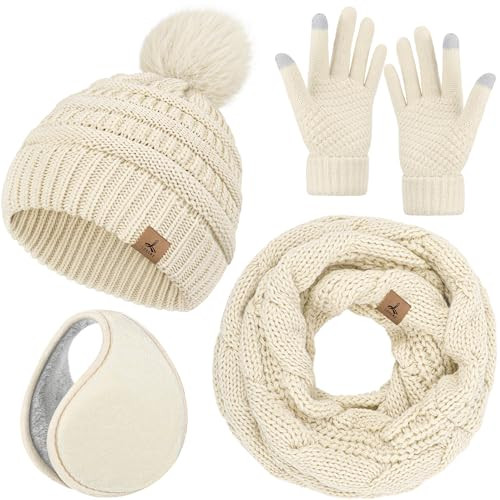 Winter Hat Scarf Gloves and Ear Warmer, Warm Knit Beanie Hat Touch Screen Gloves Set Winter Gifts Neck Scarves for Women | Amazon (US)