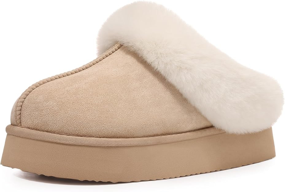 Litfun Fuzzy Platform Slippers for Women Comfy Winter House Shoes with Memory Foam Indoor Outdoor | Amazon (US)