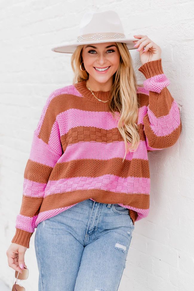 Makes Me Happy Pink And Brown Striped Textured Sweater | Pink Lily