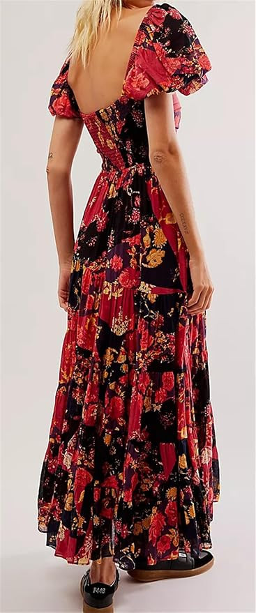 Qikaka Women's Puff Sleeve V Neck Ruched Floral Printed A-Line Sexy Nightclub Party Vacation Dres... | Amazon (US)