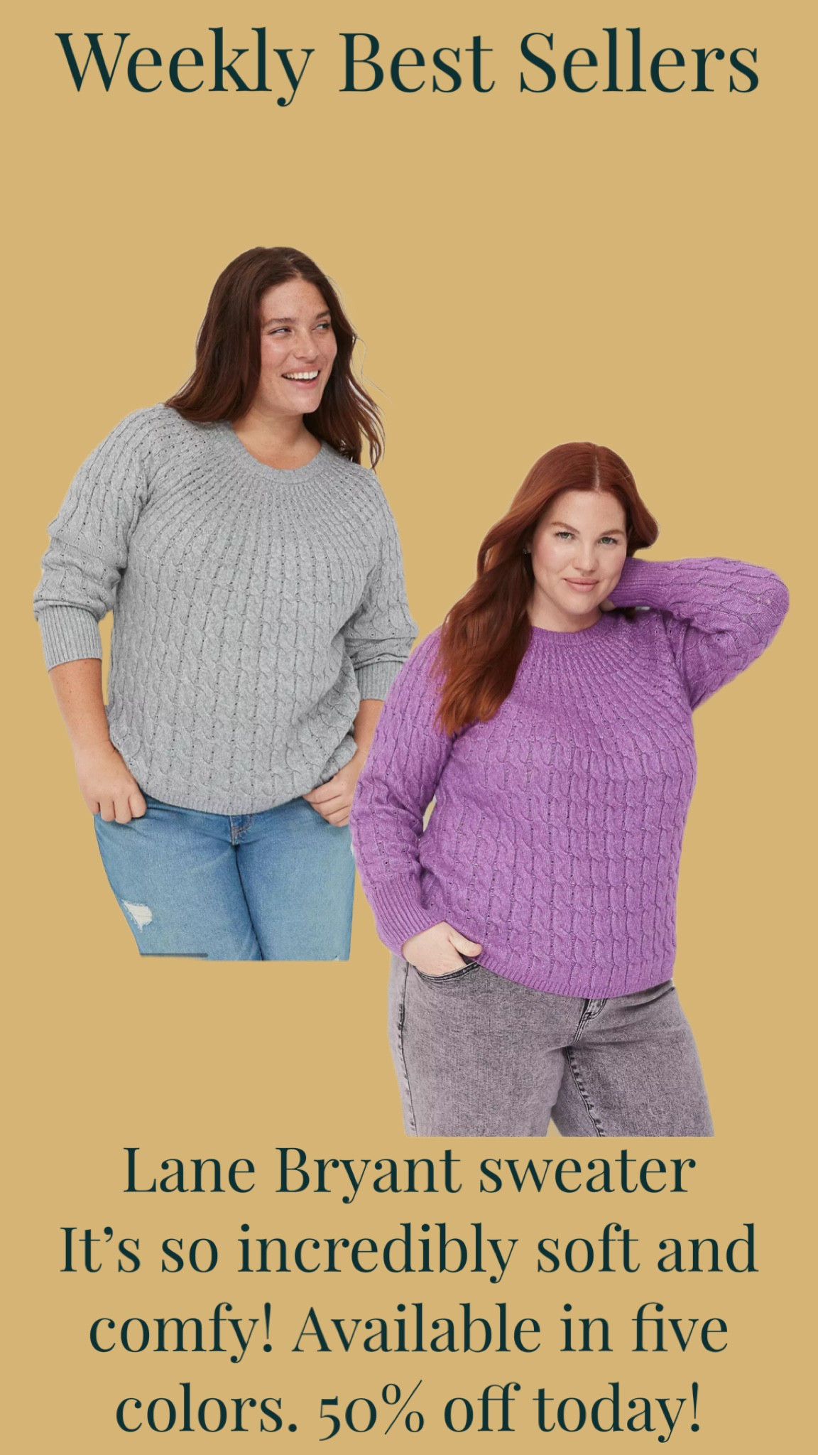 This Lane Bryant sweater is one of my absolute favorites! I’m wearing the color Oatmeal today, but it comes in five colors total. I love the purple! Shop it at 50% off today! 

#LTKsalealert #LTKplussize #LTKfindsunder50