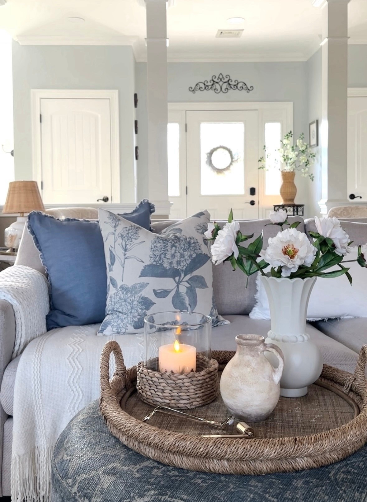 Amazon blue pillows, throw blanket, vase, florals, hurricane candle holder, rattan vase, sofa, trays, spring wreaths. Walmart, Pottery Barn, Target. 

#LTKdayinmylife #LTKHome #LTKSaleAlert