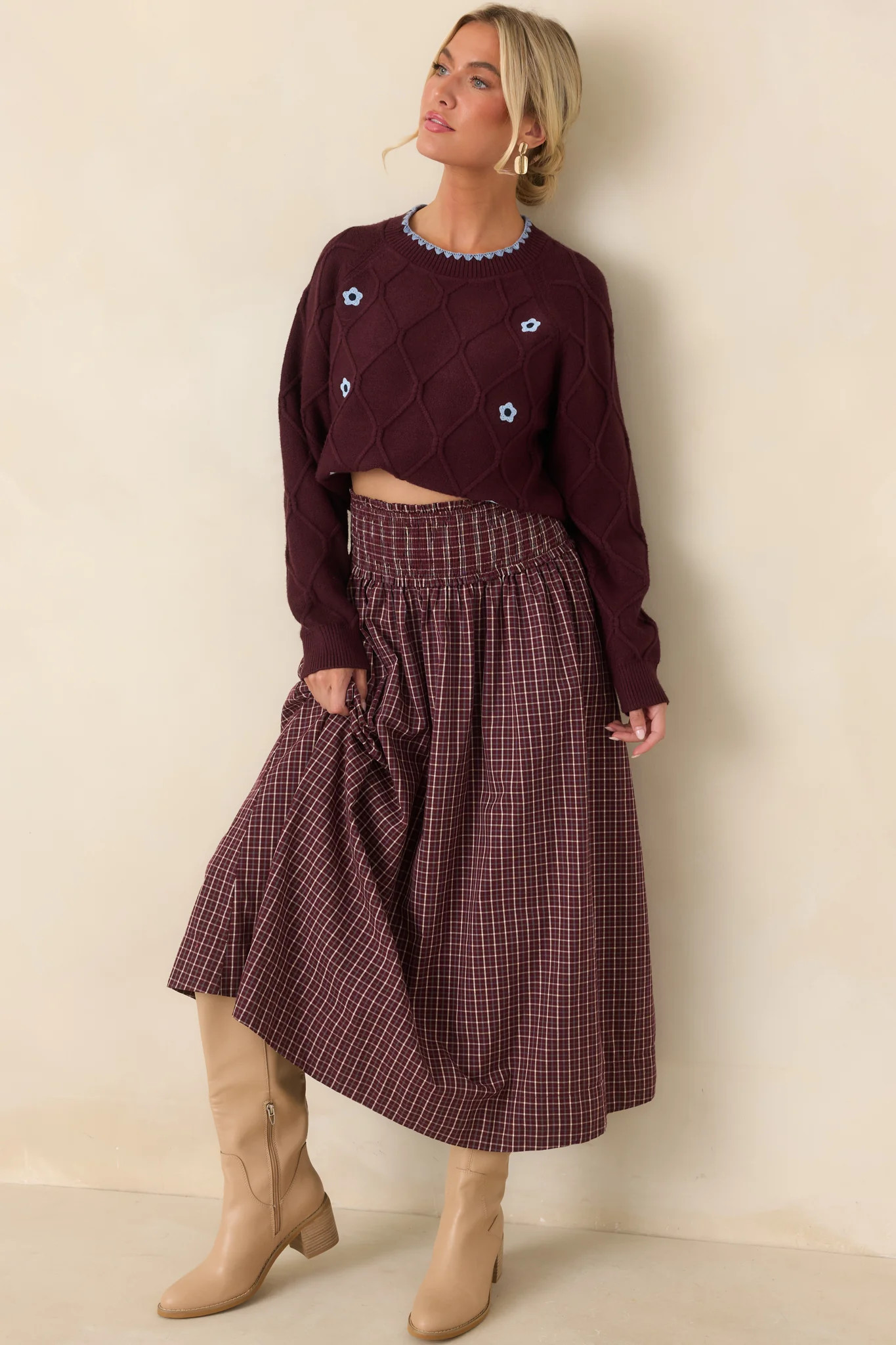In Blooming Detail Burgundy Floral Textured Sweater | Red Dress