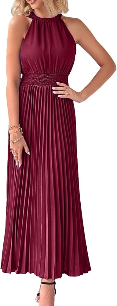 PRETTYGARDEN Women's Long Sun Dresses 2023 Sleeveless Halter Neck Flowy Pleated Maxi Cocktail Dress | Amazon (US)