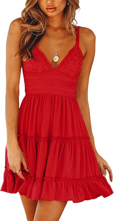 ECOWISH Summer Dresses for Women 2025 V-Neck Spaghetti Strap Bowknot Backless Sleeveless Lace Min... | Amazon (US)