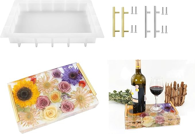 Resin Tray Molds Silicone, 13.5" Large Rectangle Deep Resin Mold & Gold and Silver Handle, Shiny ... | Amazon (US)