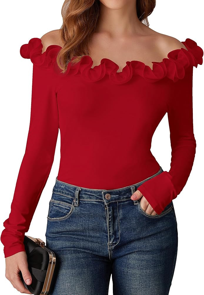 GRACE KARIN Women Off Shoulder Tops Ruffle Trim Long Sleeves Shirts Elegant Casual Slim Fitted Fa... | Amazon (US)