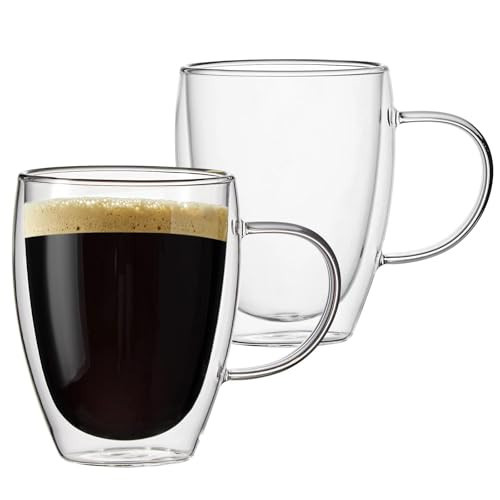 12 Oz Double Walled Glass Coffee Mugs with Handle, Insulated Layer Coffee Cups, Clear Borosilicate Glass Mugs - Gift for Cappuccino,Tea,Latte,Espresso,Hot Beverage,Cold Drinks, Set of 2 | Amazon (US)