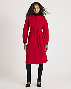 Red Longline Belted Coat | River Island UK & IE