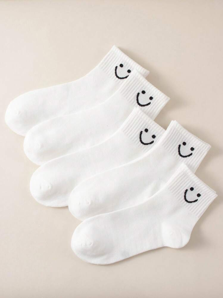 5 Pairs/set Children's Casual Style White Smile Face Pattern Comfortable Round Neck Socks, Suitab... | SHEIN