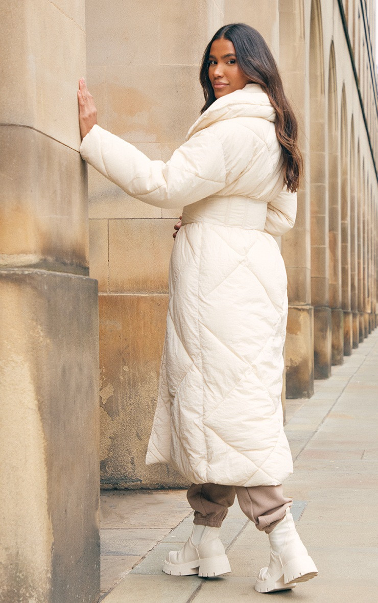 Stone Corset Middle Quilted Maxi Puffer Coat | PrettyLittleThing US