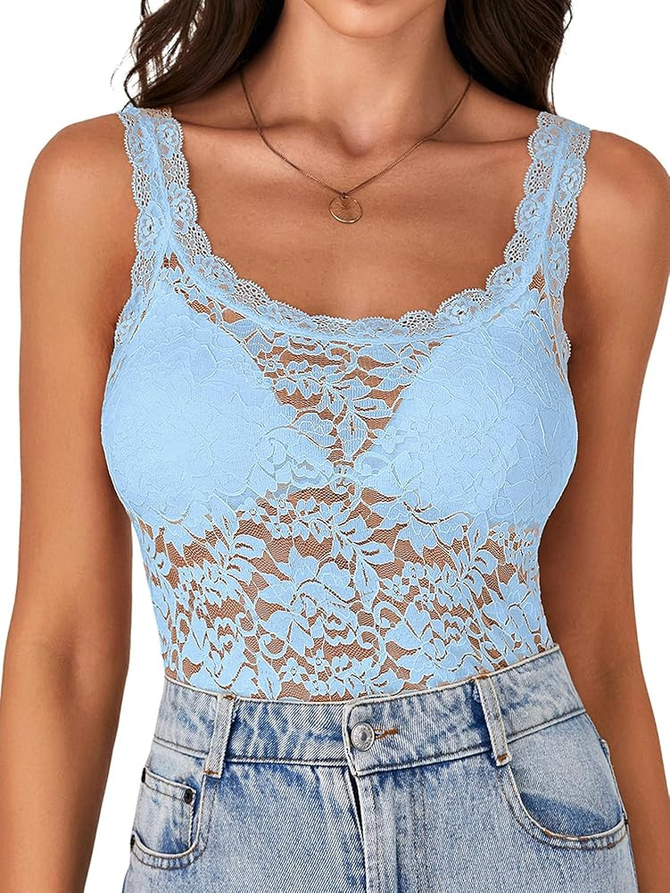LYANER Women's Floral Lace Scallop Spaghetti Strap Sleeveless Sheer Tank Cami Top Blouse | Amazon (US)