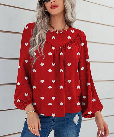 White & Red Heart Gathered-Neck Puff-Sleeve Top - Women & Plus | Zulily