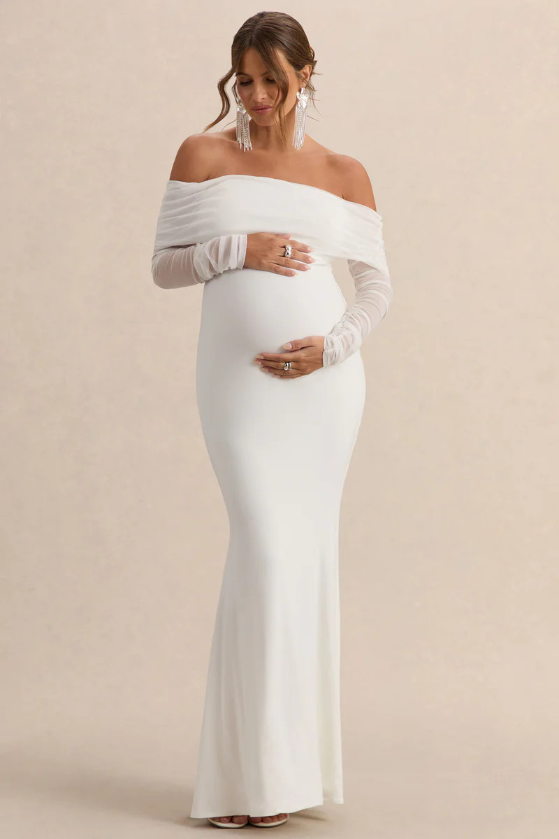 Pretty Perfect  White Maternity Ruched Mesh Bardot Maxi Dress | Club L London