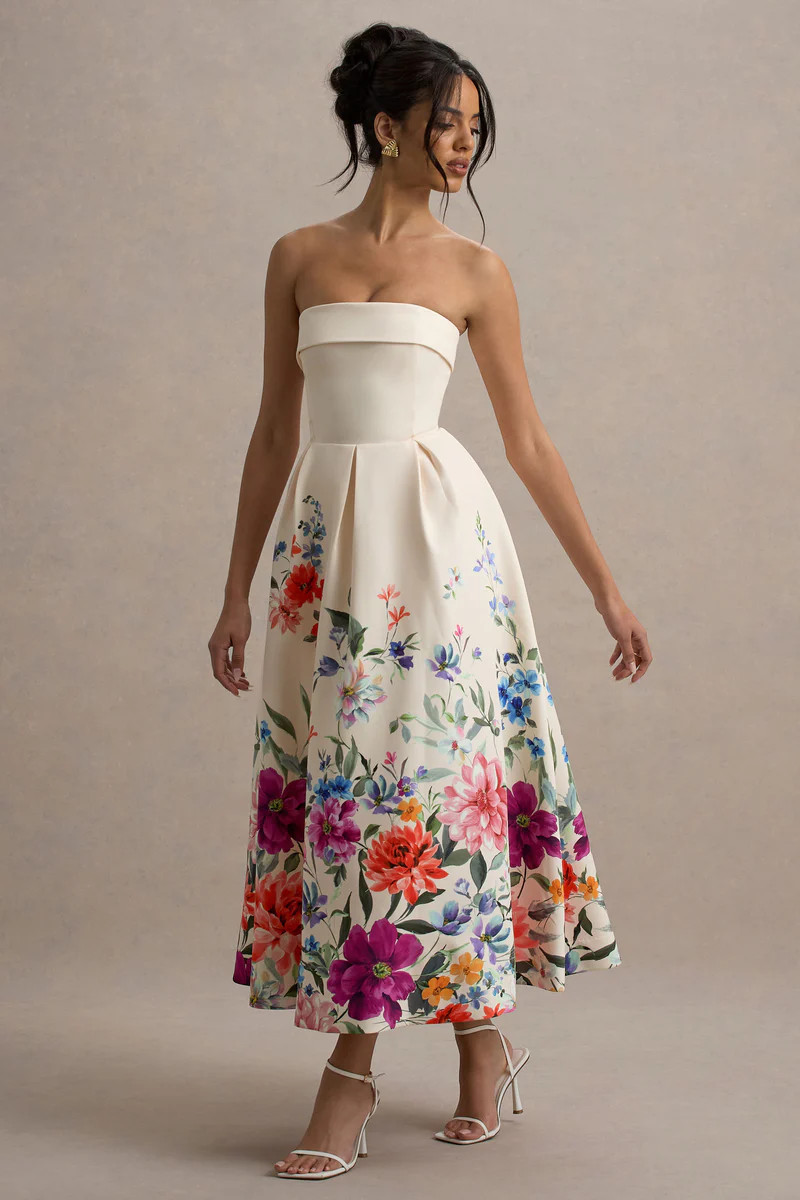 Annalise  Light Pink Floral Print Bandeau Skater Midi Dress | Club L London