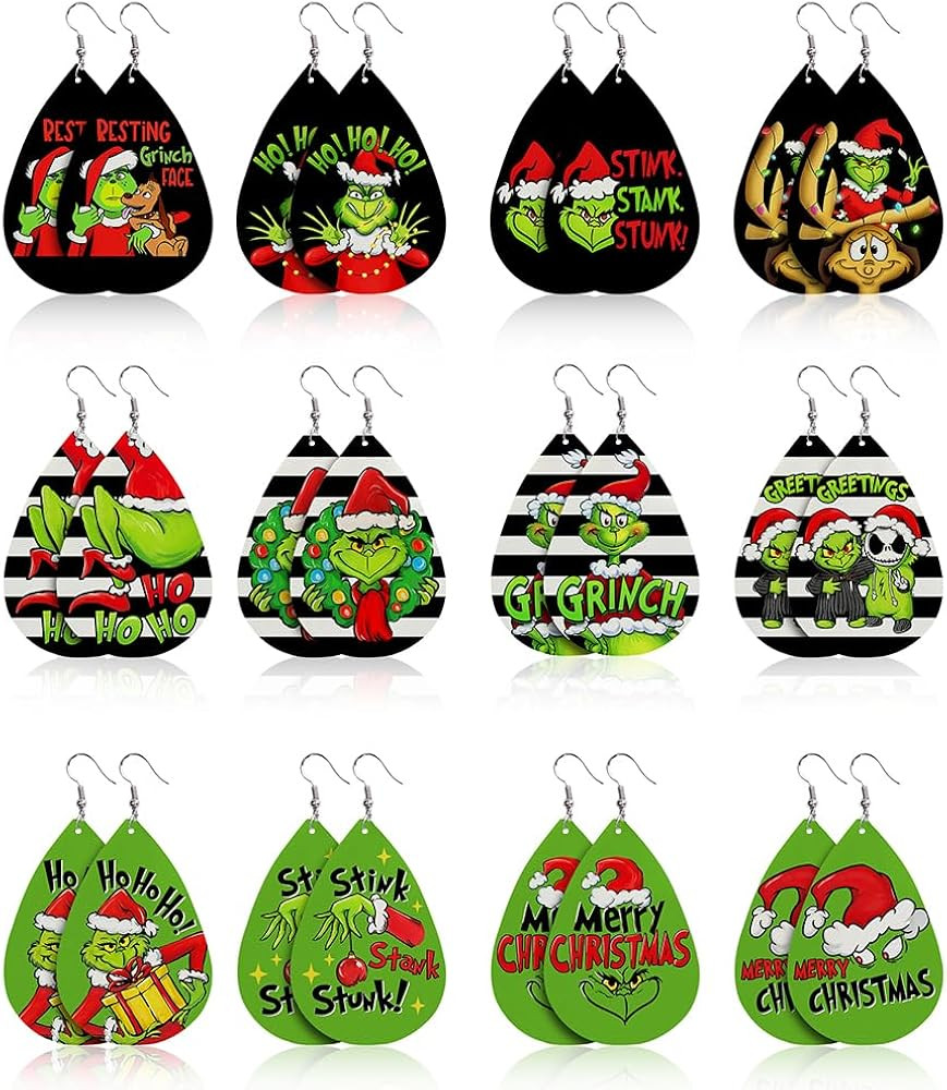 Merry Christmas Faux Leather Earrings Set of 12, Xmas Teardrop Dangle Earrings Bulk Black Green S... | Amazon (US)
