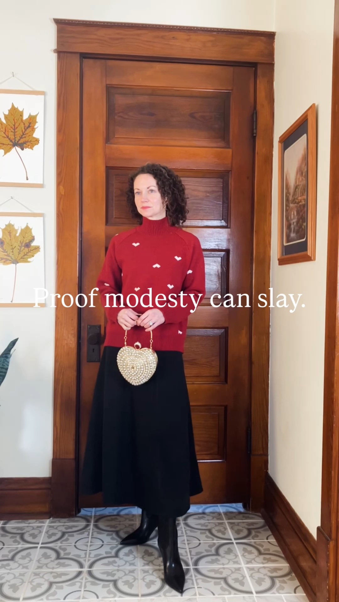 A red sweater, dark grey skirt and leather boots for Valentines Day!
Red heart sweater from Chicwish. 
Charcoal grey skirt from Chicwish. 
Black leather booties from Marc Nolan. 
Gold pearl heart purse from Chicwish. 
Petite outfit. Modest outfit. Valentines outfit. Winter outfit. 

#LTKValentine #LTKgrwm #LTKOver40