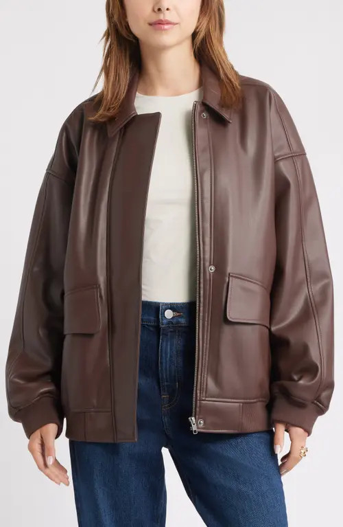 Open Edit Oversize Faux Leather Jacket in Brown Seal at Nordstrom, Size Xx-Small | Nordstrom