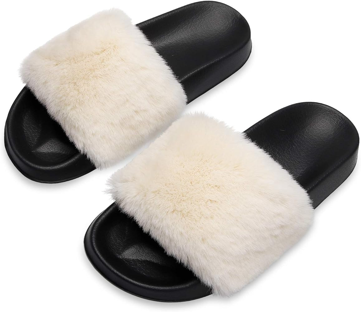Spesoul Womens Furry Slippers Open Toe Indoor Outdoor House Casual Flat Slides Sandals | Amazon (US)