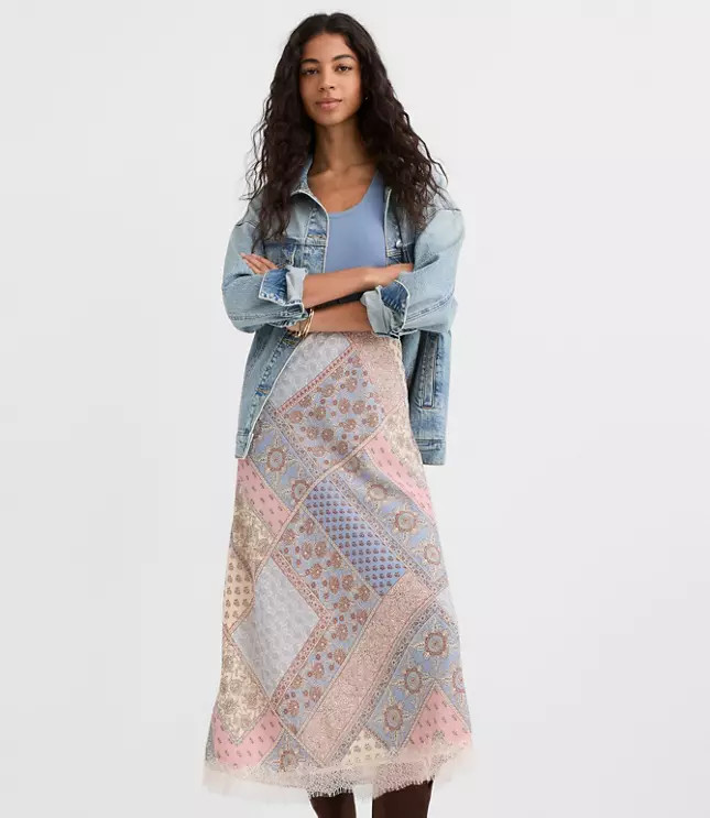 Patchwork Lace Trim Bias Midi Skirt | LOFT