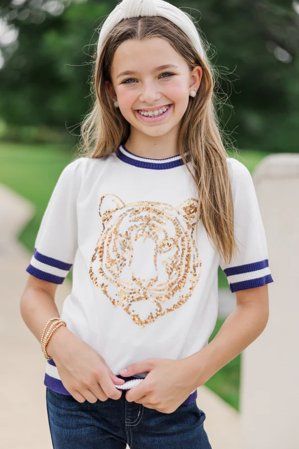 Girls: Stay In Character Gold/Purple Tiger Sweater | The Mint Julep Boutique