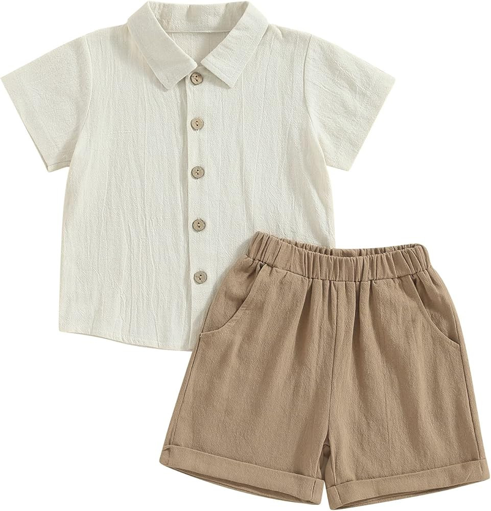 Karuedoo Toddler Baby Boy Clothes Cotton Linen Short Sleeve Button Down Shirt Shorts Set 2Pcs Sum... | Amazon (US)