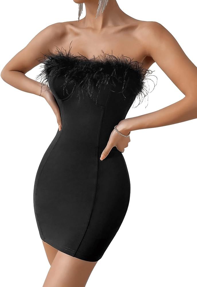 SweatyRocks Women's Sleeveless Velvet Tube Party Dress Fuzzy Trim Split Bodycon Mini Dresses | Amazon (US)