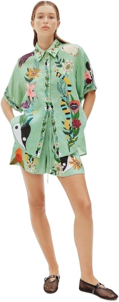Casual two-piece set cotton linen printed shirt+shorts Casual printed set floral shirt floral sho... | Amazon (US)