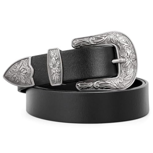 WERFORU Women Leather Belt for Jeans Pants Ladies Black Belt for Dress with Western Silver Buckle, Black,Medium(Length 43.3 Inches, Suit for waist size 27"-36")- | Amazon (US)