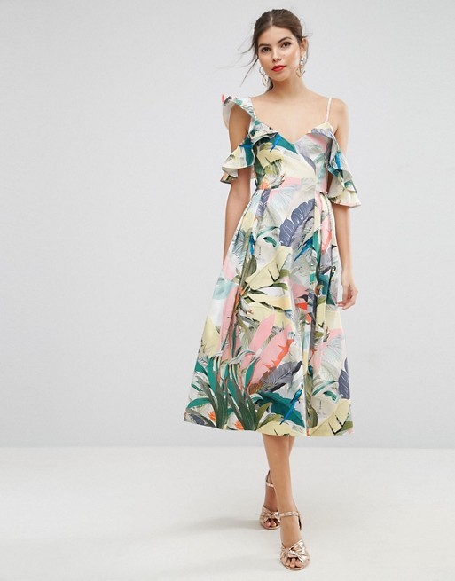ASOS Tropical Ruffle Dip Back Prom Midi Dress | ASOS US