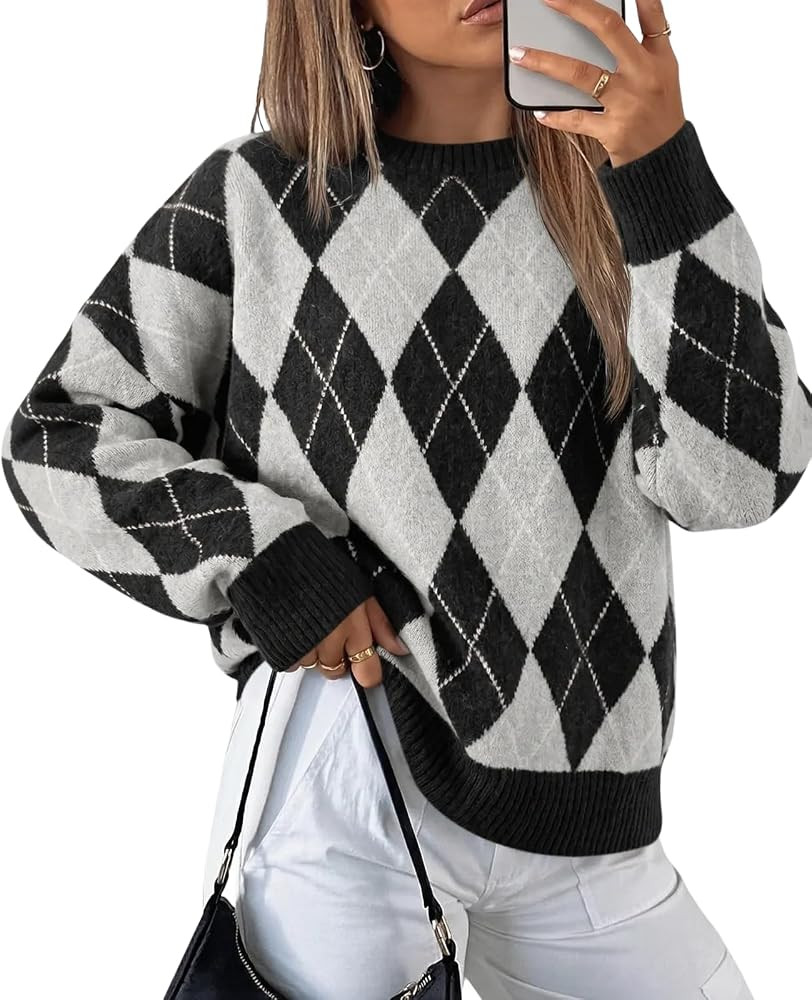 Tankaneo Womens Oversized Sweaters Long Sleeve Argyle Plaid Trendy Casual Fall Lightweight Knit P... | Amazon (US)