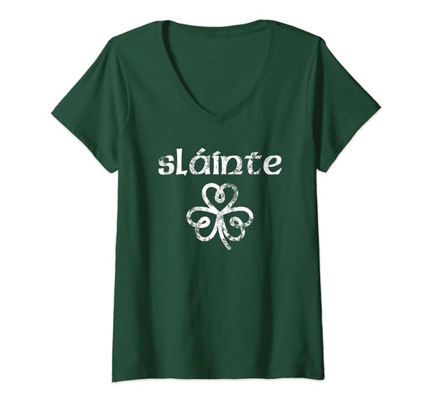 Womens Vintage Slainte Cute Cheers Good Health Fun St Patricks Day V-Neck T-Shirt | Amazon (US)