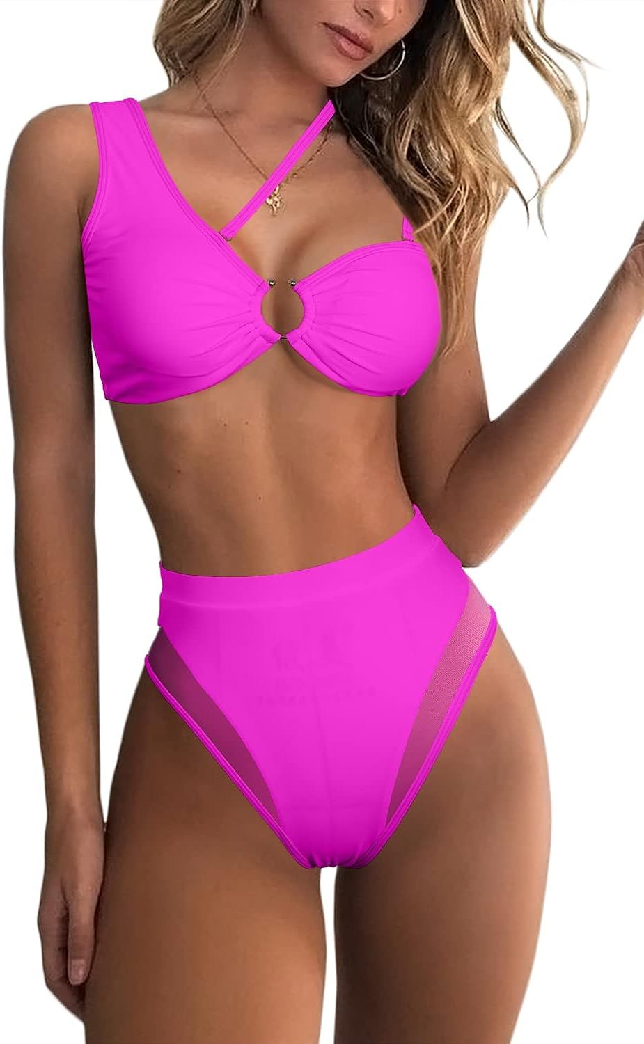 QINSEN Womens One Shoulder Cutout Mesh High Waist Bikini Set 2 Piece Swimsuit | Amazon (US)