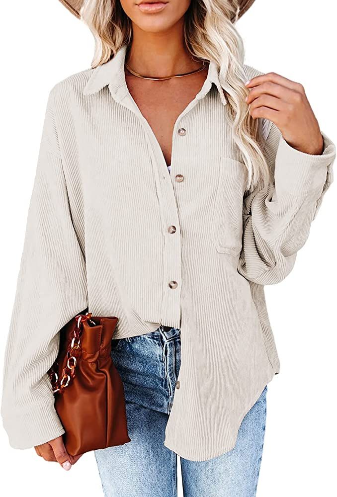 Astylish Women Corduroy Shirts Casual Long Sleeve Button Down Blouses Tops | Amazon (US)