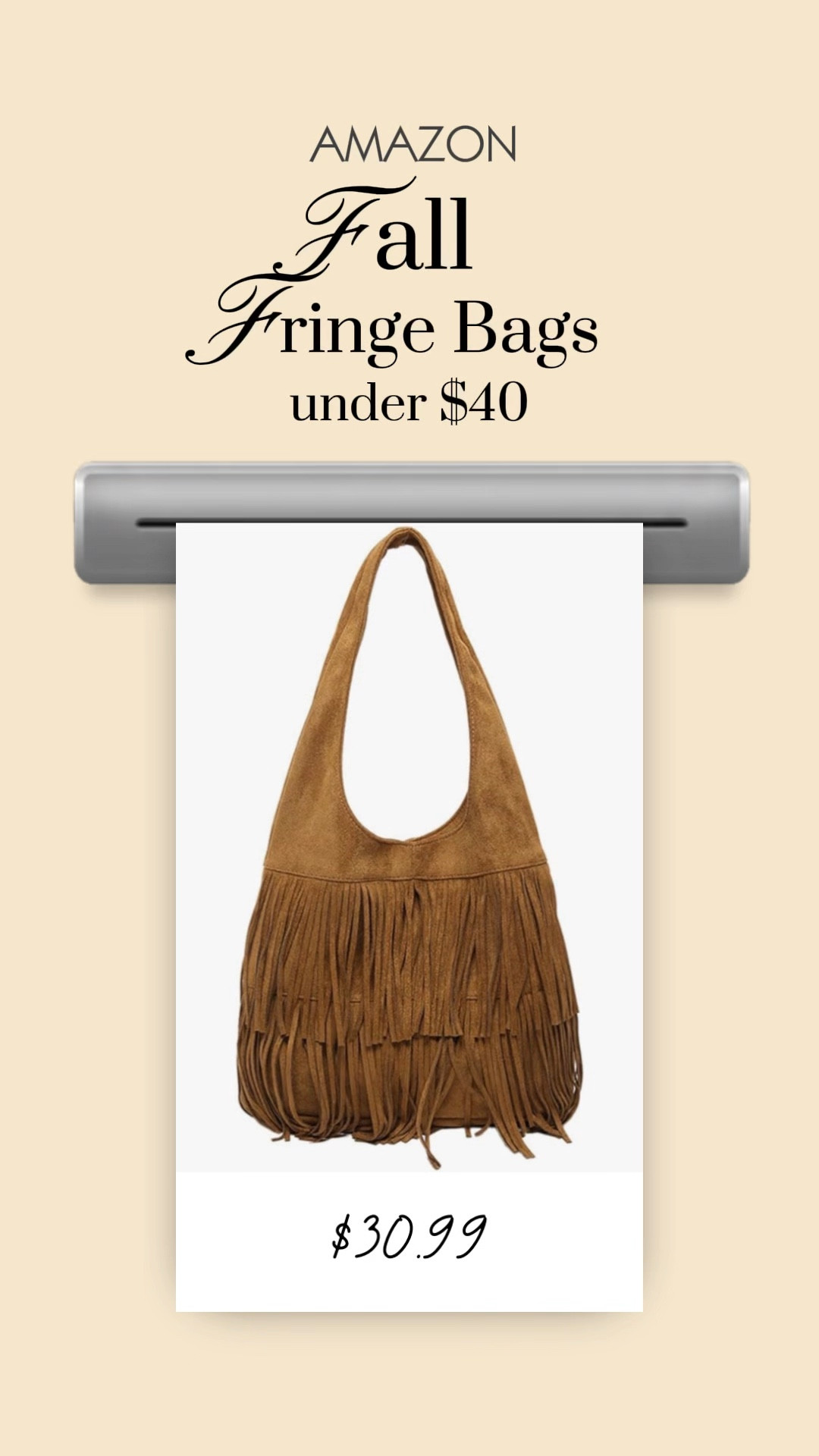 ✨Fall’s hottest accessory trend: *Fringe bags!

These statement-making styles are giving boho chic meets luxe energy — and the best part? Every one is from Amazon and under $40 😍🍂 

Perfect for adding texture, movement, and personality to your fall outfits.

#LTKStyleTip #LTKSaleAlert #LTKItBag