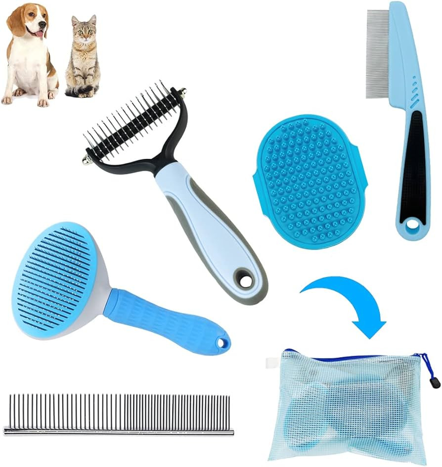 Dog Grooming Kit - 5 Pieces: Slicker Brush, Shedding Brush, Puppy Brush, Flea Comb, and Detangler... | Amazon (US)