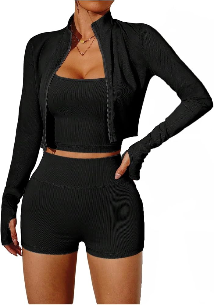 SweatyRocks Women's 3 Piece Workout Sets Tummy Control Biker Yoga Shorts Leggings Camisole with J... | Amazon (US)