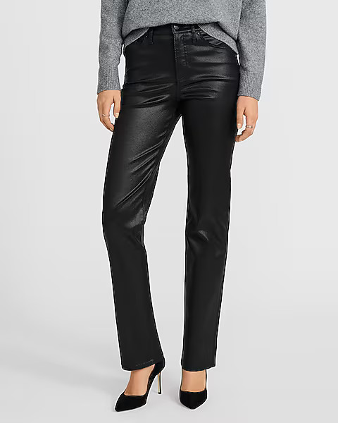 High Waisted Black Coated Straight Jeans | Express
