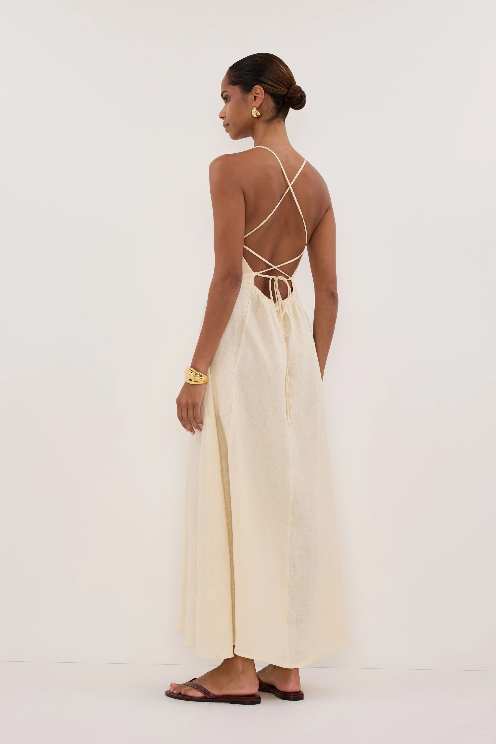 DANIELLA STRAW LINEN TIE BACK MIDI DRESS | DISSH