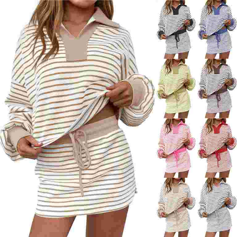 2 Piece Skirt Sets Womens Striped Baggy Lapel Pullover Sweatshirt Top Elastic Waist Mini Skirts L... | Walmart (US)