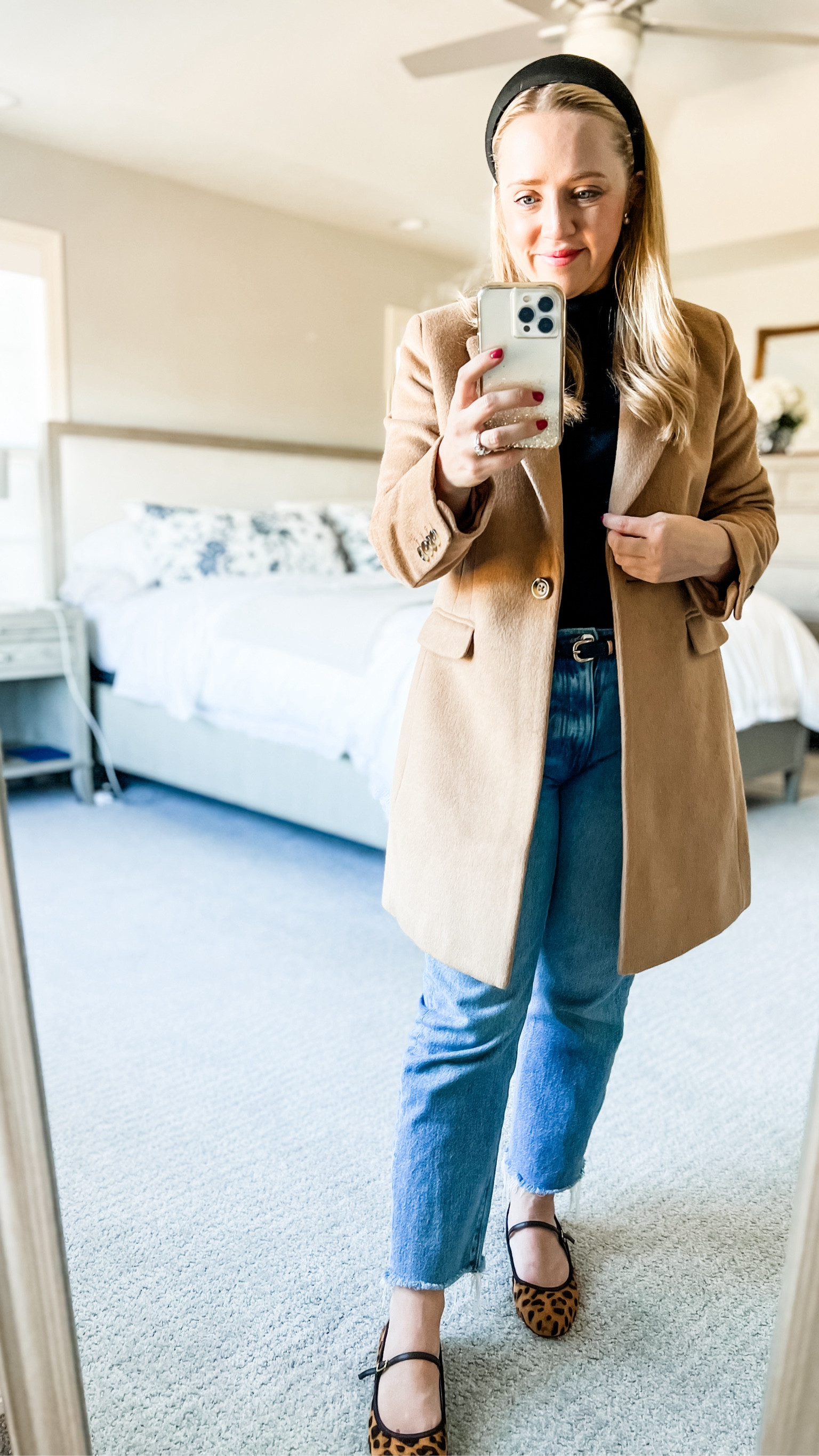 Casual fall outfit! Wearing a size 4 petite in the camel coat (fits tts), straight jeans in 27/4 petite (fit tts), animal print flats fit tts. 
Fall outfits, top coat, camel coat, classic coat, camel coat, petite outfit, straight jeans, Mary Jane’s 

#LTKStyleTip #LTKSaleAlert